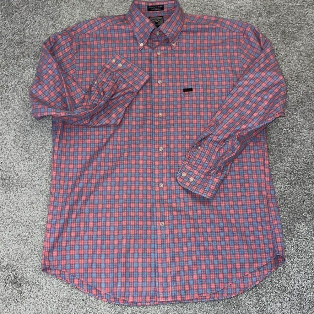 Faconnable Pink Blue tartan check plaid dress Casual pocket shirt M classic fit